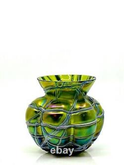Kralik Iridescent Green Veined Melon Shaped Art Nouveau Vase Bohemian/Czech
