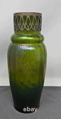 Kralik Iridescent Honeycomb Vase, Metal Top Collar Art Nouveau Glass 1930s 9