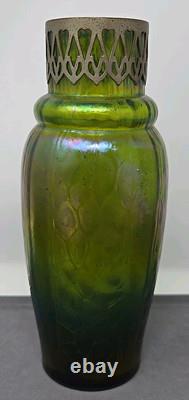 Kralik Iridescent Honeycomb Vase, Metal Top Collar Art Nouveau Glass 1930s 9