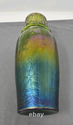Kralik Iridescent Honeycomb Vase, Metal Top Collar Art Nouveau Glass 1930s 9