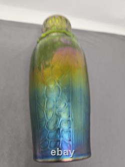 Kralik Iridescent Honeycomb Vase, Metal Top Collar Art Nouveau Glass 1930s 9