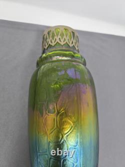 Kralik Iridescent Honeycomb Vase, Metal Top Collar Art Nouveau Glass 1930s 9