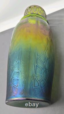 Kralik Iridescent Honeycomb Vase, Metal Top Collar Art Nouveau Glass 1930s 9