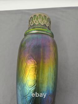 Kralik Iridescent Honeycomb Vase, Metal Top Collar Art Nouveau Glass 1930s 9