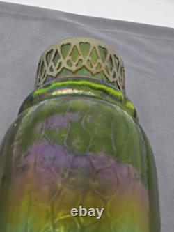 Kralik Iridescent Honeycomb Vase, Metal Top Collar Art Nouveau Glass 1930s 9
