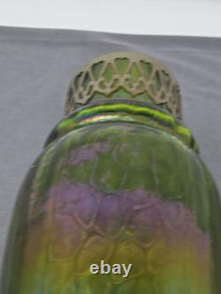 Kralik Iridescent Honeycomb Vase, Metal Top Collar Art Nouveau Glass 1930s 9