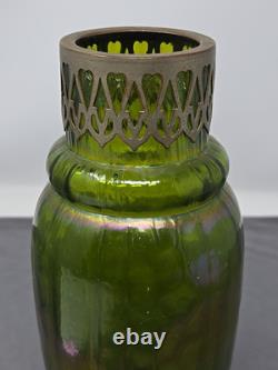 Kralik Iridescent Honeycomb Vase, Metal Top Collar Art Nouveau Glass 1930s 9