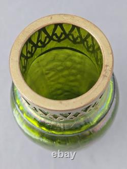 Kralik Iridescent Honeycomb Vase, Metal Top Collar Art Nouveau Glass 1930s 9