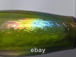Kralik Iridescent Honeycomb Vase, Metal Top Collar Art Nouveau Glass 1930s 9