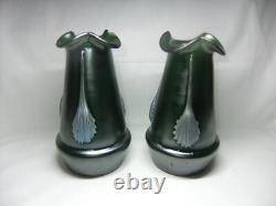 Kralik Jugendstil Vase Pair Glass Claw Fan Iridescent Green Art Nouveau C1900