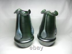 Kralik Jugendstil Vase Pair Glass Claw Fan Iridescent Green Art Nouveau C1900