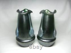 Kralik Jugendstil Vase Pair Glass Claw Fan Iridescent Green Art Nouveau C1900