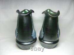 Kralik Jugendstil Vase Pair Glass Claw Fan Iridescent Green Art Nouveau C1900