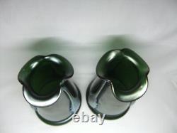 Kralik Jugendstil Vase Pair Glass Claw Fan Iridescent Green Art Nouveau C1900