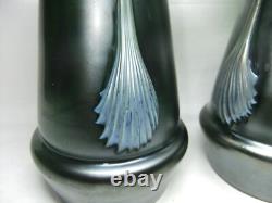 Kralik Jugendstil Vase Pair Glass Claw Fan Iridescent Green Art Nouveau C1900