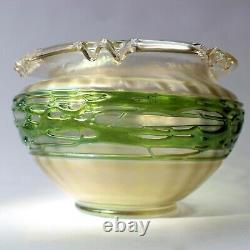 Kralik Opaline Iridescent Glass Vase Bowl Appiled Trails Czech Art Nouveau c1900