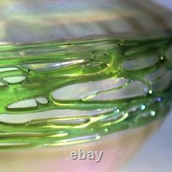 Kralik Opaline Iridescent Glass Vase Bowl Appiled Trails Czech Art Nouveau c1900