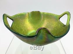 Kralik Punched Handle Art Nouveau Iridescent Double Fold Rim Art Glass Bowl Vase