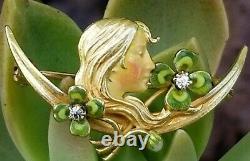 Krementz Art Nouveau 14k Gold Diamond Enamel Clover Maiden Crescent Moon Pin