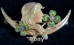 Krementz Art Nouveau 14k Gold Diamond Enamel Clover Maiden Crescent Moon Pin