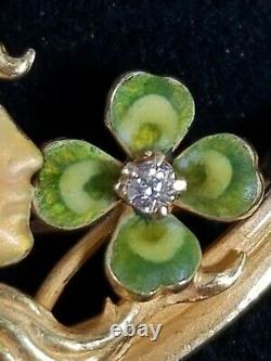 Krementz Art Nouveau 14k Gold Diamond Enamel Clover Maiden Crescent Moon Pin