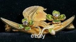 Krementz Art Nouveau 14k Gold Diamond Enamel Clover Maiden Crescent Moon Pin