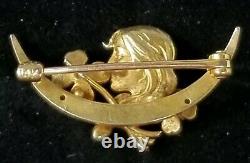 Krementz Art Nouveau 14k Gold Diamond Enamel Clover Maiden Crescent Moon Pin