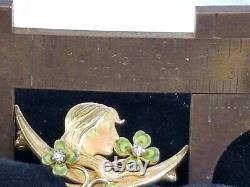 Krementz Art Nouveau 14k Gold Diamond Enamel Clover Maiden Crescent Moon Pin