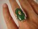 Large Art Deco Chinese Green Jade Plum Blossom Flower Ring Solid 10k Yellow Gold
