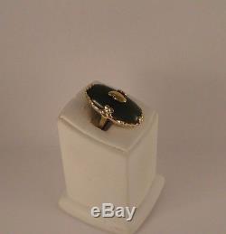 LARGE Art Deco Chinese Green Jade Plum Blossom Flower Ring SOLID 10k Yellow Gold