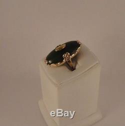 LARGE Art Deco Chinese Green Jade Plum Blossom Flower Ring SOLID 10k Yellow Gold