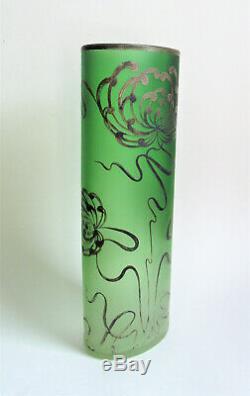 LARGE Carl GOLDBERG 13 SILVER MUMS Green Art Nouveau BOHEMIAN Czech Glass VASE