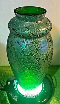LOETZ AUSTRIA Bohemian Art Nouveau Glass Vase Green MIMOSA 14.5 CRAQUELE