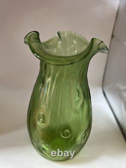 LOETZ Antique Art Nouveau Iridescent Green Rusticana 5.5 Tall Glass Vase 1900's