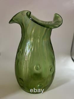 LOETZ Antique Art Nouveau Iridescent Green Rusticana 5.5 Tall Glass Vase 1900's