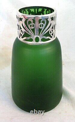 LOETZ VASE w SILVER OVERLAY ART GLASS ART NOUVEAU GREEN c. 1900