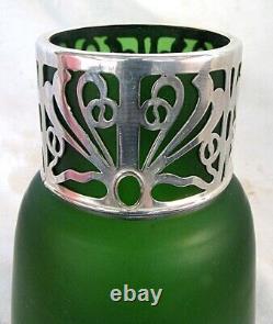 LOETZ VASE w SILVER OVERLAY ART GLASS ART NOUVEAU GREEN c. 1900