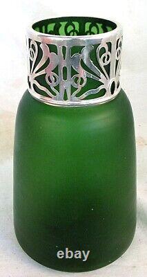 LOETZ VASE w SILVER OVERLAY ART GLASS ART NOUVEAU GREEN c. 1900