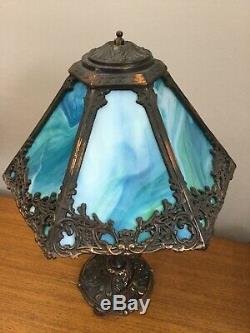 LOVELY ANTIQUE TABLE LAMP GREEN Slag Glass Shade VINTAGE HEAVY BRONZE. REWIRED