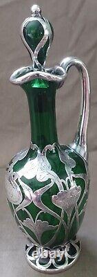 La Pierre Green Glass Cordial Decanter withArt Nouveau Silver Overlay Decoration