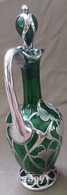 La Pierre Green Glass Cordial Decanter withArt Nouveau Silver Overlay Decoration