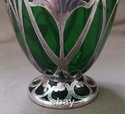 La Pierre Green Glass Cordial Decanter withArt Nouveau Silver Overlay Decoration