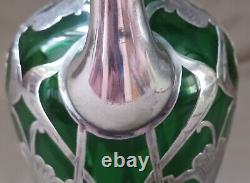 La Pierre Green Glass Cordial Decanter withArt Nouveau Silver Overlay Decoration