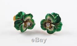Ladies Art Nouveau 14K Gold Enamel & Diamond Green Pansy Screw Back Earrings