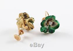 Ladies Art Nouveau 14K Gold Enamel & Diamond Green Pansy Screw Back Earrings