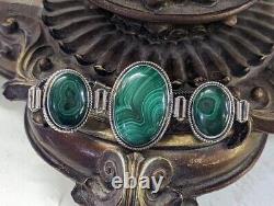 Ladies Oval Silver Malachite Cabachon Art Nouveau Vintage Ethnic Bracelet