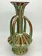 Large 4 Handled 22 Tall Art Deco Style Nouveau Vase Green Brown Drip Glaze