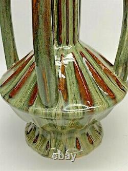 Large 4 Handled 22 Tall Art Deco Style Nouveau Vase Green Brown Drip Glaze