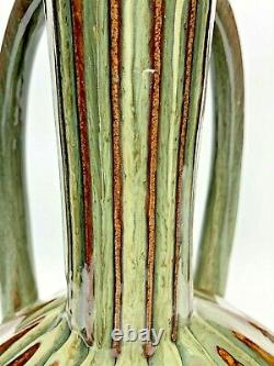 Large 4 Handled 22 Tall Art Deco Style Nouveau Vase Green Brown Drip Glaze