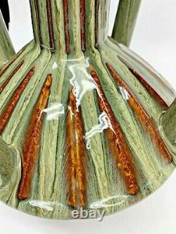 Large 4 Handled 22 Tall Art Deco Style Nouveau Vase Green Brown Drip Glaze